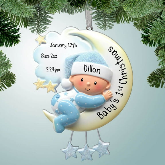 Baby Boy Hugging Moon - Personalized Ornament - Baby's First Christmas - 1st Xmas - Perfect Stocking Stuffer - Great Gift Ideas
