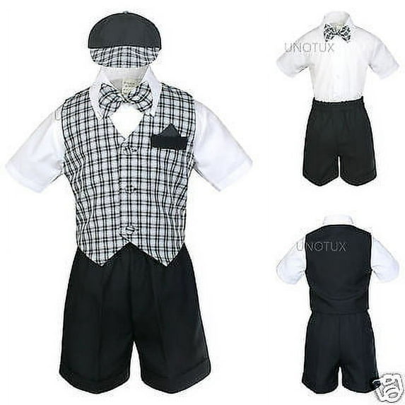 Baby Boy Infant Toddler Wedding Formal Party Shorts Black Vest Suit S-4T Gingham