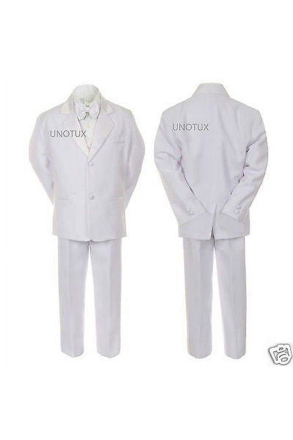 Baby Boy Kid Wedding Party Baptism Communion Formal Tuxedo 5pc White Suit S-20