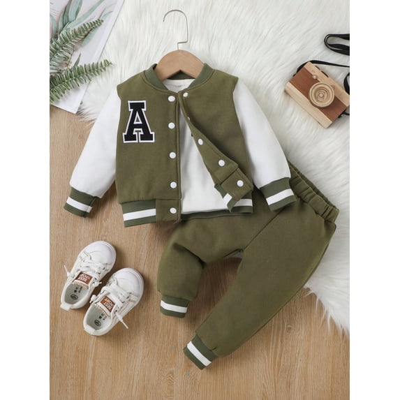 Baby Boy Letter Patched Thermal Lined Bomber Jacket & Sweatpants