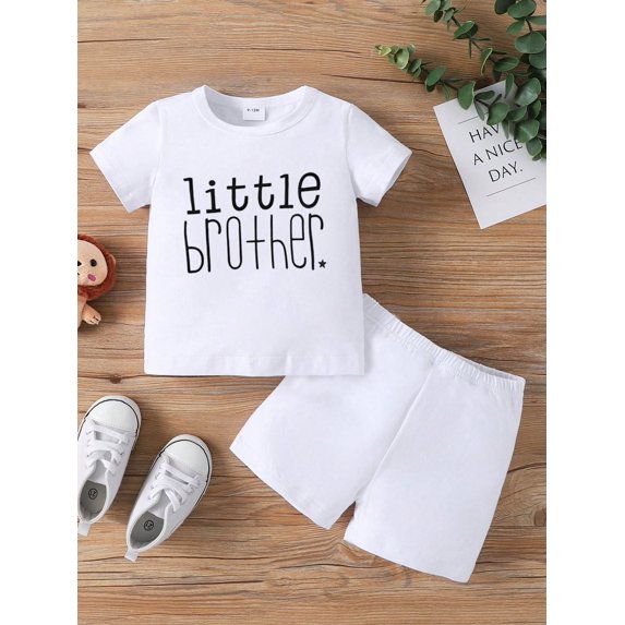 Baby Boy Little Brother Letter Print Short Sleeve Simple Style Outfit Set For Spring And Summer