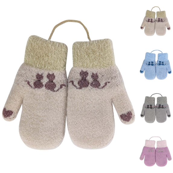 GPOECD Baby Boy Mittens Adorable Cat Design Soft Knitted with Detachable Lanyard Warm Winter Gloves for Kids Outdoor Play In Snow