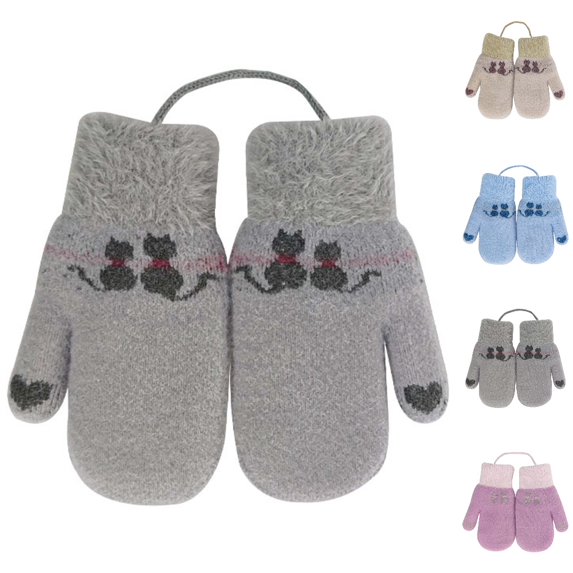 GPOECD Baby Boy Mittens Adorable Cat Design Soft Knitted with Detachable Lanyard Warm Winter Gloves for Kids Outdoor Play In Snow