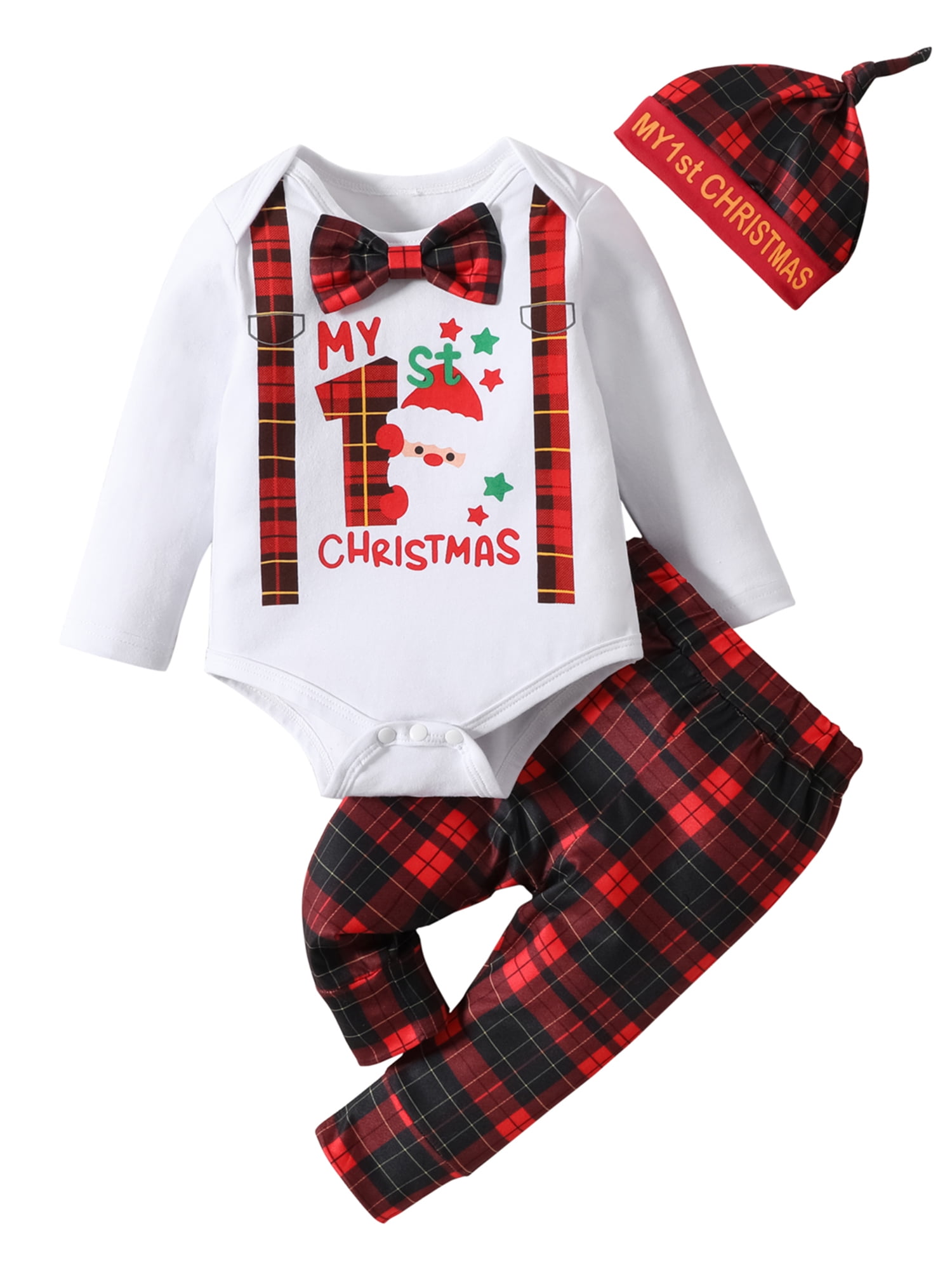 Baby Boy My 1st Christmas Outfit Long Sleeve Bow Tie Romper + Elastic