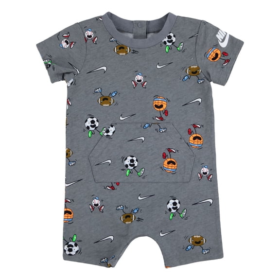 Baby Boy Nike Allover Print Sportsball Romper Color: Grey Size: 3 MONTHS