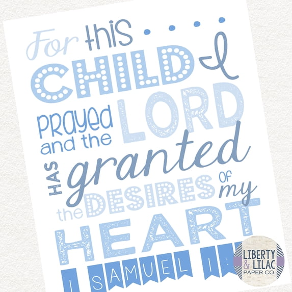 Baby Boy Nursery Art For This Child I Prayed Christian Art Bible Verse Blue and White Baby Shower Gift Christening Gift Baptism Gift 16x20