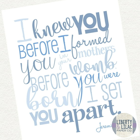 Baby Boy Nursery Art I Knew You Before I Formed You in Your Mother's Womb Christian Art Bible Verse Blue and White Baby Shower Gift Christening Gift Baptism Gift 11x14