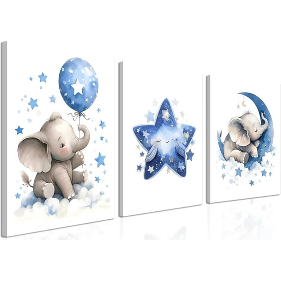 Baby Boy Nursery Canvas Wall Art Set of 3, Blue Elephant Moon and Stars Picture Wall Decor Painting, Cute Animal Baby Girl Nursery Posters Prints for Kids Room Bedroom 16x24 In d