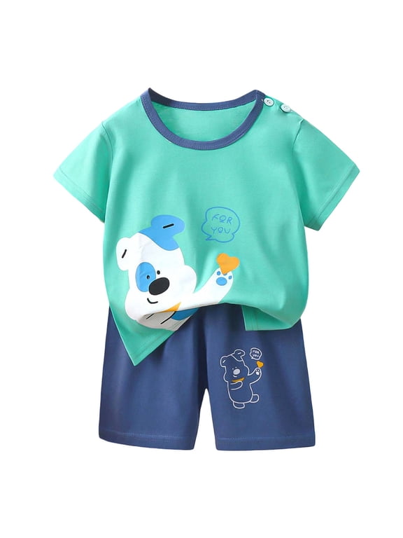 Baby Boy Outfit Boys Summer Casual Cartoon Print Short Sleeve Tshirt Tops Shorts Set Newborn Boy Clothes Mint Green 4-5Years
