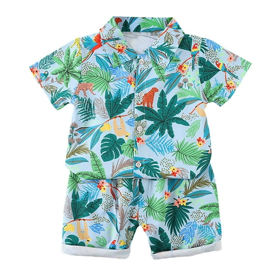 Baby Boy Outfit Hawaiian Style Coconut Tree Print Toddler Kids Boys'summer Beach Button Down Shirt and Shorts Set Toddler Outfits for Boys Blue 3 Years-4 Years