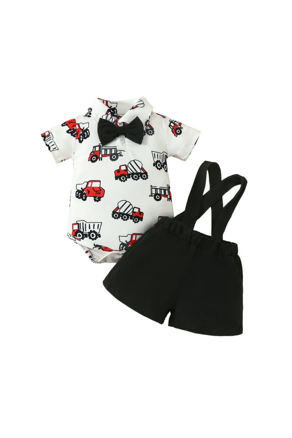 Baby Boy Outfit Short Sleeve Cartoon Bodysuits Suspenders Shorts Gentleman Polyester Baby Boy Clothes Black 3 Months-6 Months