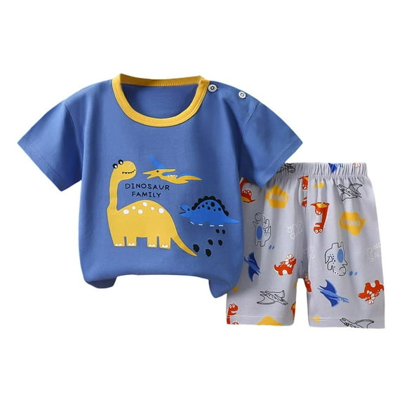 Baby Boy Outfit Kids Boys Girls Summer Cartoon Printed Short Sleeved Tops and Shorts 2Pc Suit Outfits Baby Girl Blue 4 Years-5 Years