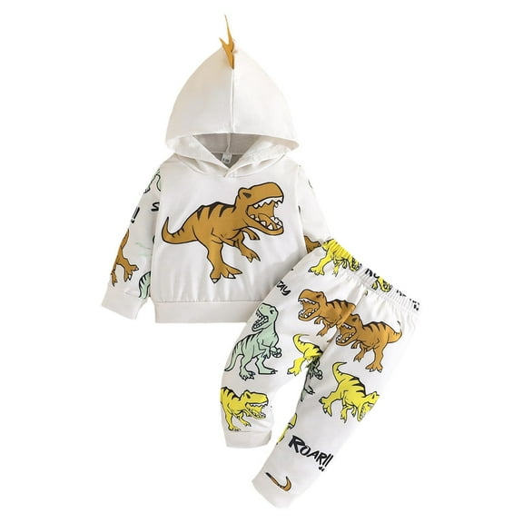 Baby Boy Outfit Kids Long Sleeve Cartoon Dinosaur Print Hooded Top Pants Set Cute Toddler Clothes White 9 Months-12 Months