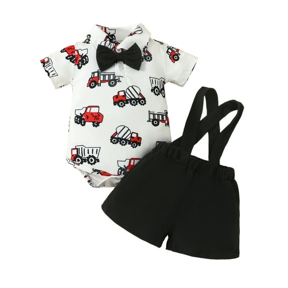Baby Boy Outfit Short Sleeve Cartoon Bodysuits Suspenders Shorts Gentleman Polyester Boy Clothes Black 9 Months-12 Months