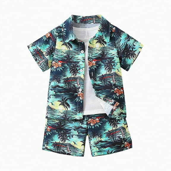 Baby Boy Outfit Sets Kids Summer Cotton Hawaii Printed Short Sleeve Beach 1t 2t 3t 4t 5t 6t Clothes Playwear Outfits&Set Two Pieces Set