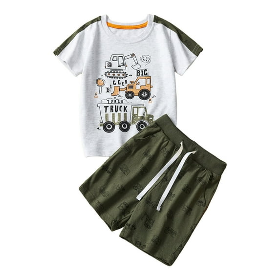 Baby Boy Outfit Short Sleeve Prints T Shirt Tops Shorts Child Kids 2Pc Set Outfits Clothes Boy Clothes Army Green 18 Months-24 Months