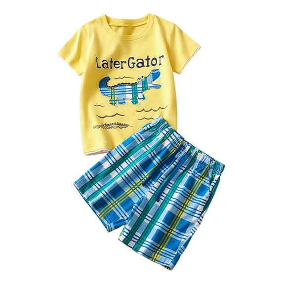 Baby Boy Outfit Short Sleeve Prints T Shirt Tops Shorts Child Kids 2Pc Set Outfits Clothes Unisex Baby Clothes Yellow 3 Years-4 Years