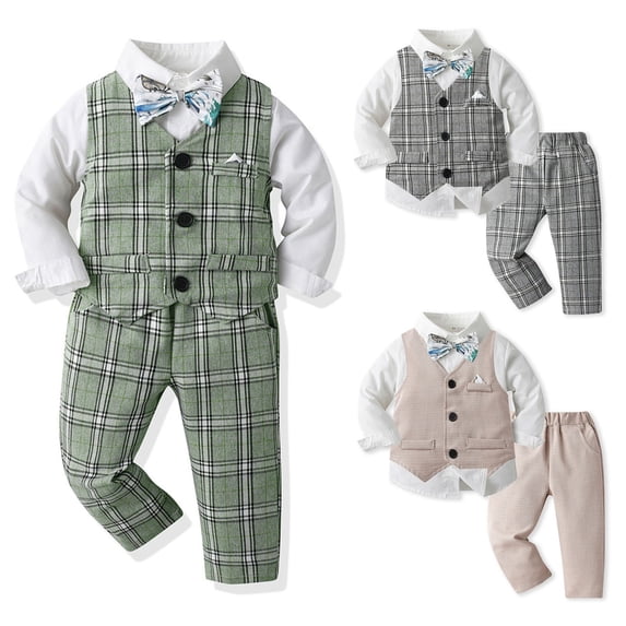 Baby Boy Outfit Toddler Boys Long Sleeve Plaid Vest and Pants 3 Piece Gentlemen Set Boys' Clothing Sets Grey 4-5 Years