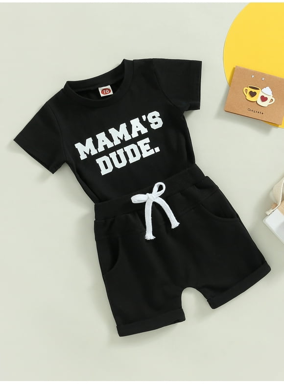 Baby Boy Outfits 6 12 18 24 Months Infant Boy Summer Short Clothes Set Mama's Dude Tops (Black, 6-12 Months)