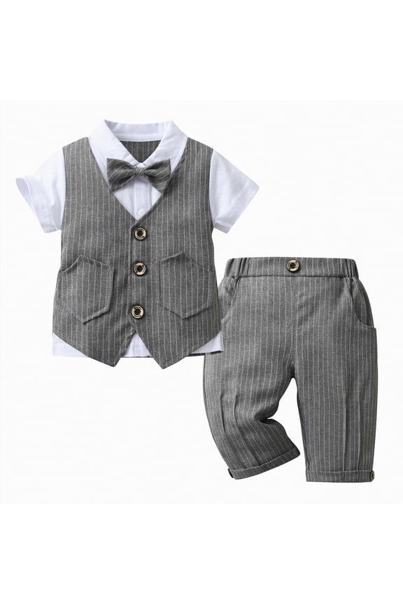 Baby Boy Outfits Bowknot First Birthday Outfit Boy Solid Color Button Shirt Vest Mid Length Pants Newborn Clothes