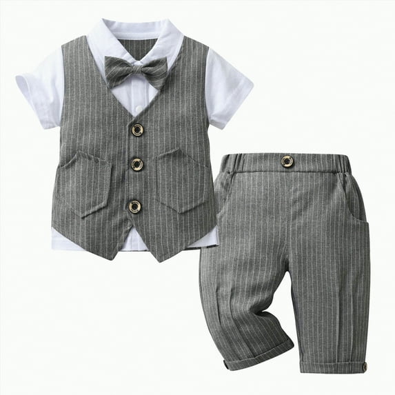 Baby Boy Outfits Bowknot First Birthday Outfit Boy Solid Color Button Shirt Vest Mid Length Pants Newborn Clothes