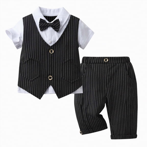 Baby Boy Outfits Bowknot First Birthday Outfit Boy Solid Color Button Shirt Vest Mid Length Pants Newborn Clothes