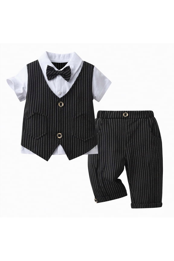 Baby Boy Outfits Bowknot First Birthday Outfit Boy Solid Color Button Shirt Vest Mid Length Pants Newborn Clothes