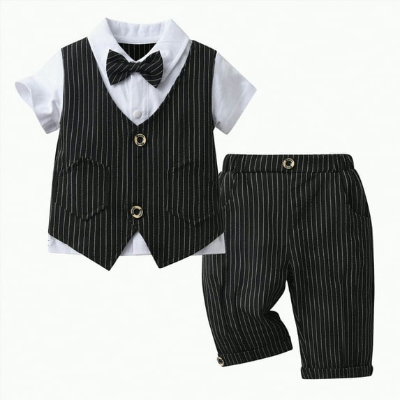 Baby Boy Outfits Bowknot First Birthday Outfit Boy Solid Color Button Shirt Vest Mid Length Pants Newborn Clothes