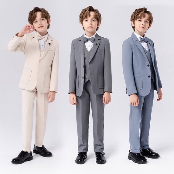Baby Boy Outfits Boys Formal Suit Set with Jacket Pants Vest Bow Tie and Brooch 5Pc Boys' Clothing Sets Beige 3-4 Years