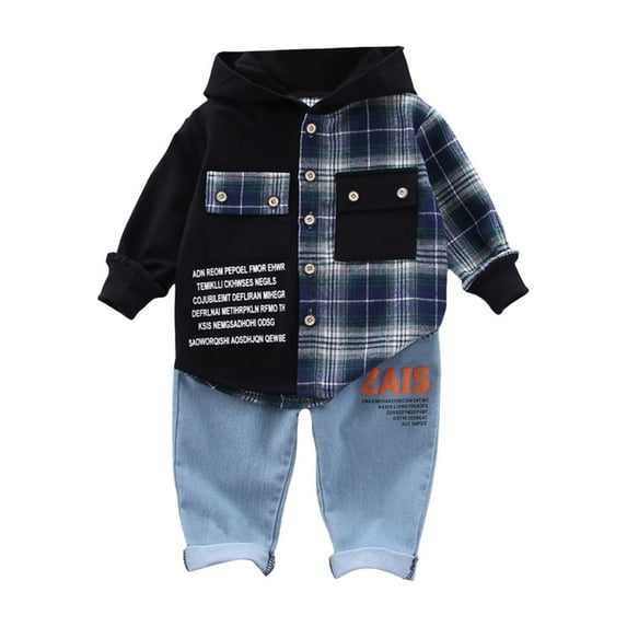 Baby Boy Outfits Boys Girls Long Sleeve Patchwork Plaid Prints Hooded Shirt Tops Pants Baby Boy Clothes Navy 18 Months-24 Months