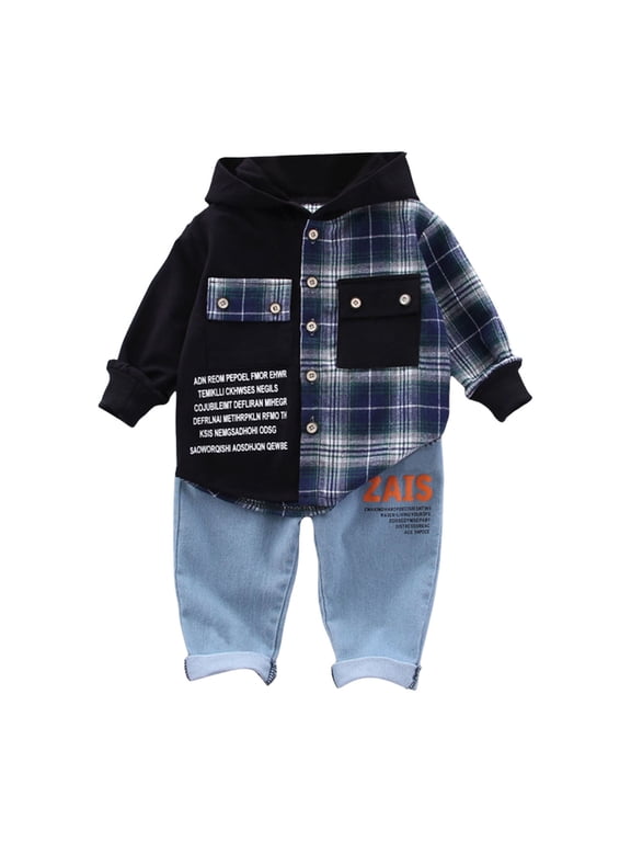 Baby Boy Outfits Boys Girls Long Sleeve Patchwork Plaid Prints Hooded Shirt Tops Pants Baby Boy Clothes Navy 18 Months-24 Months