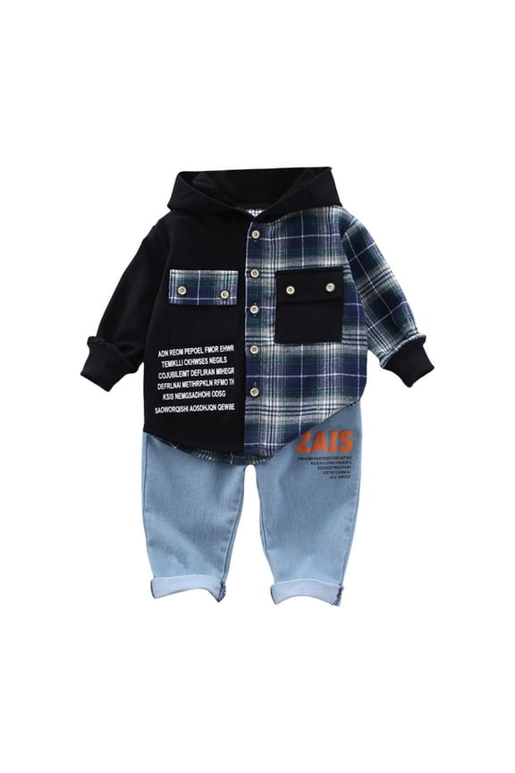 Baby Boy Outfits Boys Girls Long Sleeve Patchwork Plaid Prints Hooded Shirt Tops Pants Baby Boy Clothes Navy 18 Months-24 Months