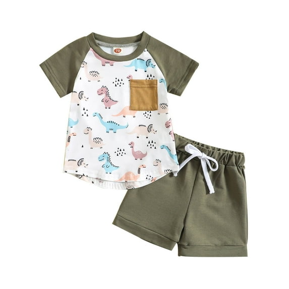 Baby Boy Outfits Boys Girls Short Sleeve Car Dinosaur Prints T Shirt Tops Shorts Kids Clothes Green 3 Months-6 Months