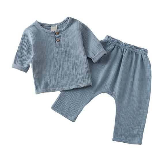 Baby Boy Outfits Boys Girls Solid Long Sleeve Linen Crewneck Tshirt Tops Pants Set Baby Clothes Blue 5-6Years