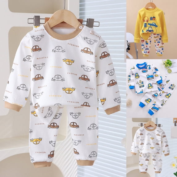 Baby Boy Pajamas Car Cartoon Print Long Sleeve Top and Pants Winter Warm Home Set Baby Girl Clothes Yellow 3-4 Years