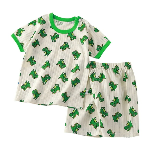 Baby Boy Outfits Cute Cartoon Ribbed Casual Outfit Sets Short Sleeve Crew Neck Shirts and Shorts 2 Piece Summer Baby Boy Clothes Green 18-24 Months
