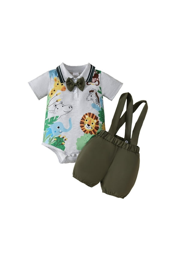Baby Boy Outfits Boys Short Sleeve Cartoon Prints Romper Bodysuits Suspenders Shorts Outfits Baby Outfits Grey 3 Months-6 Months