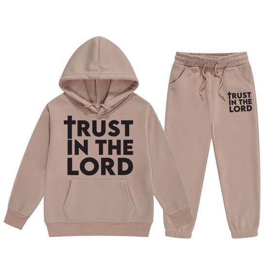 Baby Boy Outfits Kids Casual Long Sleeve Letter Print Hooded Sweatshirt Pants Set Girls Sweatsuit Khaki 10 Years-11 Years