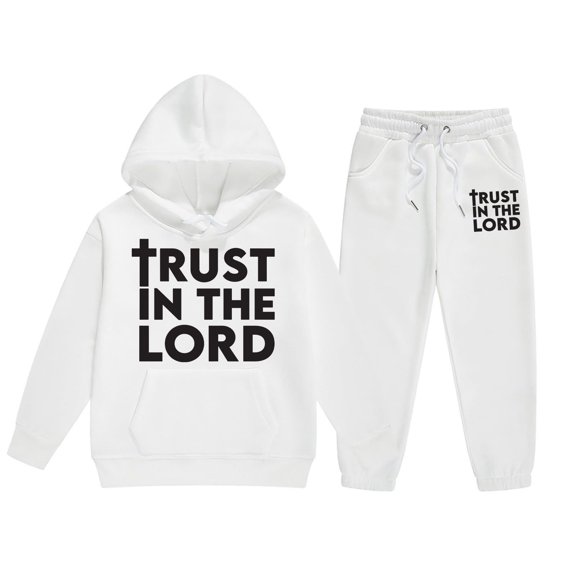 Baby Boy Outfits Kids Casual Long Sleeve Letter Print Hooded Sweatshirt Pants Set Girls Sweatsuit White 6 Years-7 Years