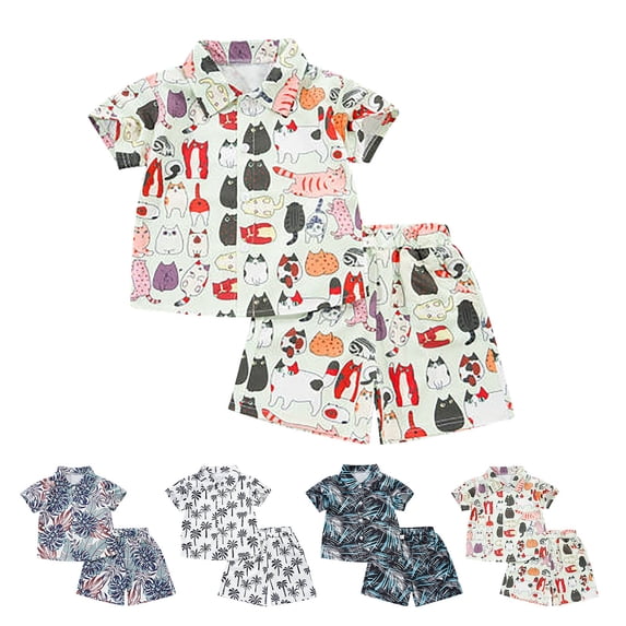 Baby Boy Outfits Kids Summer Vacation Printed Cuban Collar Shirt and Shorts 2 Piece Boys' Clothing Sets White 4-5 Years