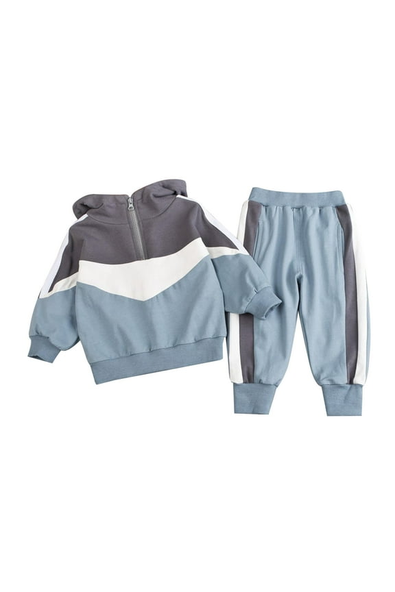 Baby Boy Outfits Kids Sweat Suit Fall Winter Color Contrast Long Sleeve Hoodie Pants Set Boys Clothes Blue 12 Months-18 Months