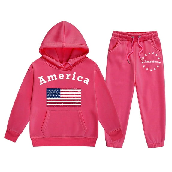 Baby Boy Outfits Long Sleeve American Flag Print Warm Hooded Sweatshirt Pants Girls Sweatsuit Hot Pink 6 Years-7 Years