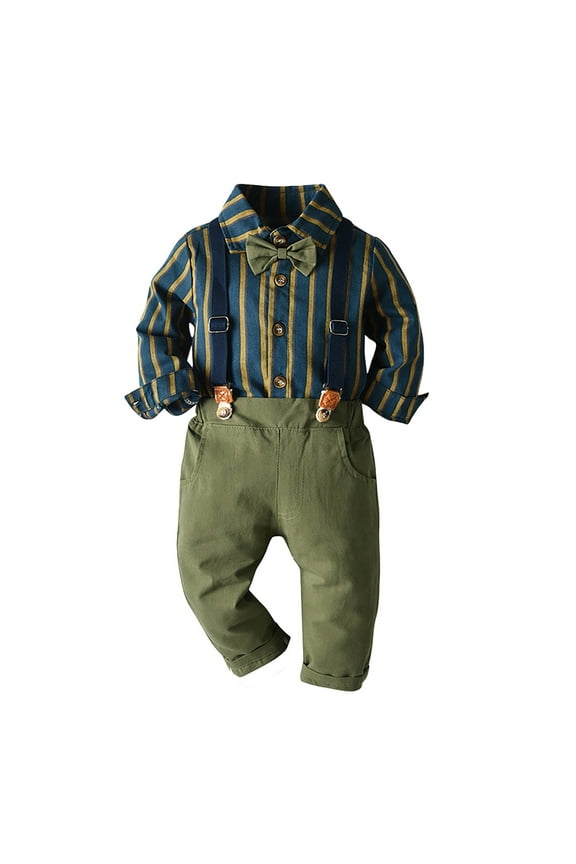 Baby Boy Outfits Long Sleeve Stripe Top Pants Three Pieces Child Kids Gentleman Suit Bowtie Set Overalls Clothes Green 18 Months-24 Months