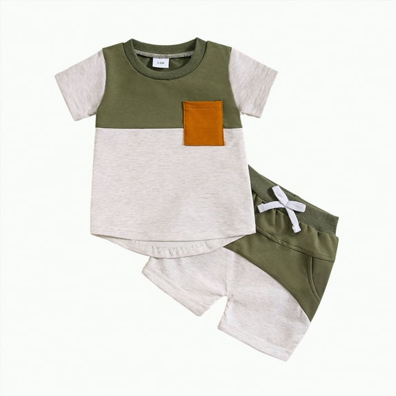 Baby Boy Outfits Shirts Sets Children's Spring Summer Cotton Color Block Printed Short Sleeve Beach 0 6 12 18 24 Months 2T 3T Boys' Clothing with Pocket T Tops Shorts Clothes Set 2-Piece