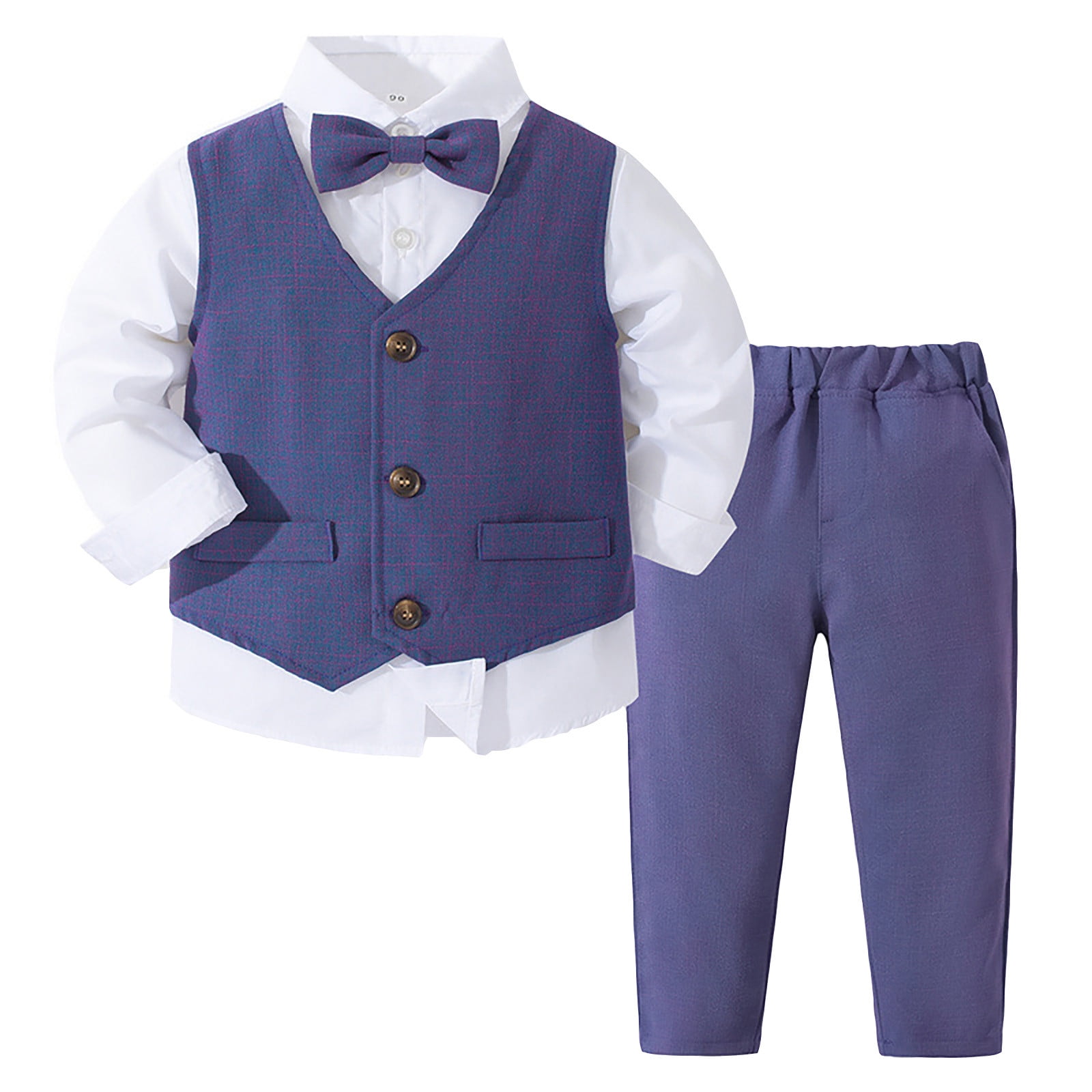 Baby Boy Outfits Spring Autumn Solid Long Sleeve Shirt Bow Tie Pants Gentleman Suit Baby Clothes Boy Purple 18-24Months