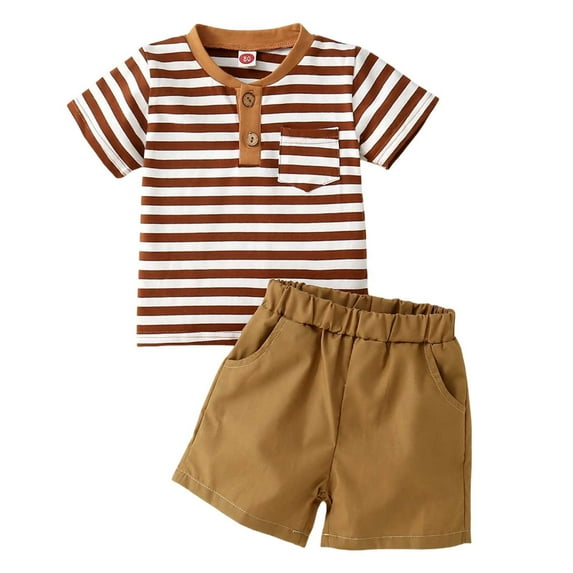 Baby Boy Outfits Summer Kids Toddler Boys Casual Outfit Striped Print Short Sleeve T Shirt and Shorts Hawiian Style Suit Baby Outfits Brown 0 Months-6 Months