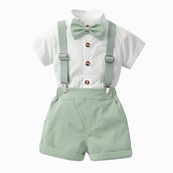 Baby Boy Outfits Toddler Boy Clothes formal with Bowtie Overall Short Pants Gentle Wedding Set Trendy Summer Clothes Light Green 6-9 Months