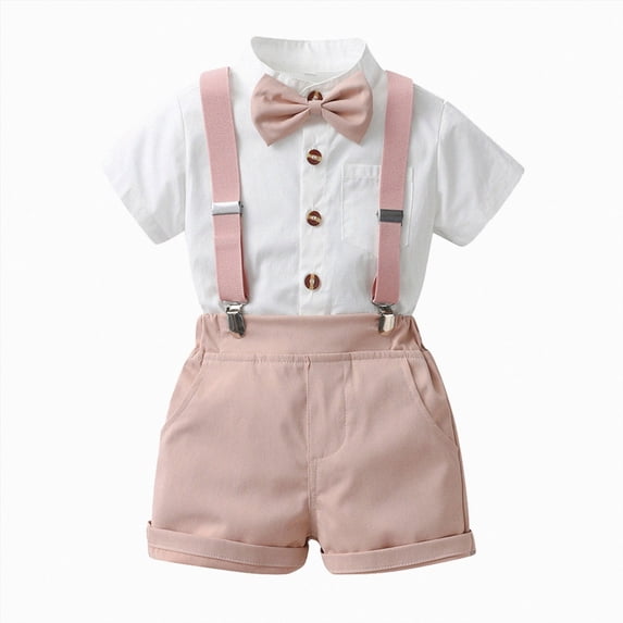 Baby Boy Outfits Toddler Boy Clothes formal with Bowtie Overall Short Pants Gentle Wedding Set Trendy Summer Clothes Pink 12-18 Months