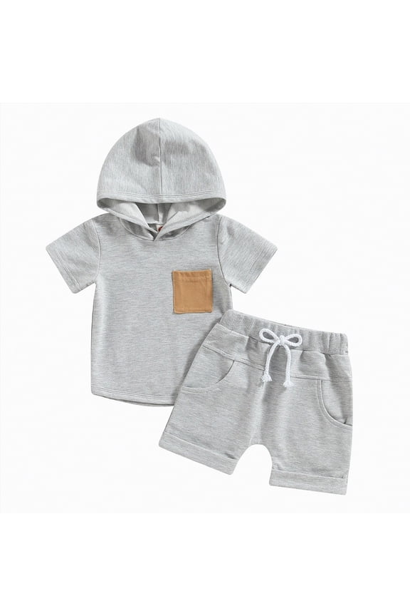 Baby Boy Outfits Toddler Boys Clothes Set Kids Spring Summer Cotton Hooded Printed Sleeveless Training 12 18 24 Month 3T 4T 5T T-shirt Tops+Shorts School Wear Two Pieces