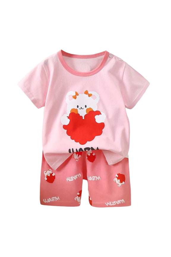 Baby Outfits Toddler Kids Summer Cartoon Excavator Dinosaur Rabbit Lion Print Short Sleeved Tops and Shorts 2Pc Outfit Cotton Pajama Girl Outfits Pink 6 Months-12 Months